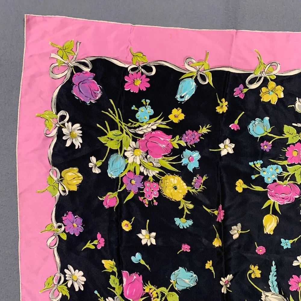 rbc Silk Scarf Women OS Floral Bouquet Pink Black Swiss Made VTG 60s Accessory